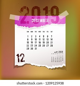Calendar 2019 December vintage paper on abstract background.
