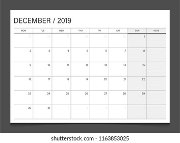Calendar 2019 December week start Monday corporate design template vector.