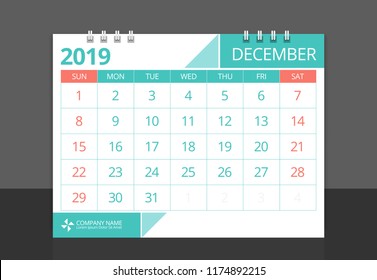 Calendar 2019 December week start Sunday corporate design template vector.