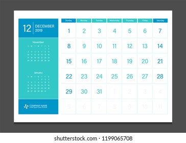 Calendar 2019 December week start Sunday corporate business modern design layout template vector.