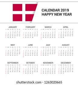Calendar 2019 Denmark Flag background. English language