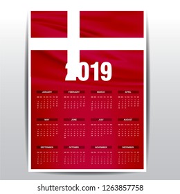 Calendar 2019 Denmark Flag background. English language
