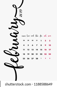 Calendar 2019 Design. Page 2 of 12 - February 2019. 12 Months Calendar Pages Set. Table Diary Design Layout. Vector and Editable Planner Template A4 size.