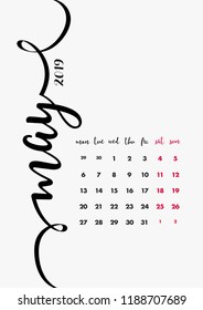 Calendar 2019 Design. Page 5 of 12 - Month May 2019. 12 Months Calendar Pages Set. Table Diary Design Layout. Vector and Editable Planner Template A4 size.