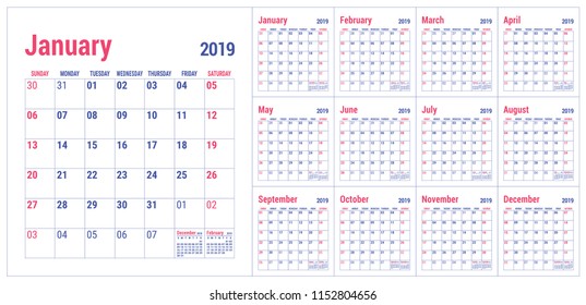 Calendar 2019. English calender template. Vector grid. Office business planning. Simple design