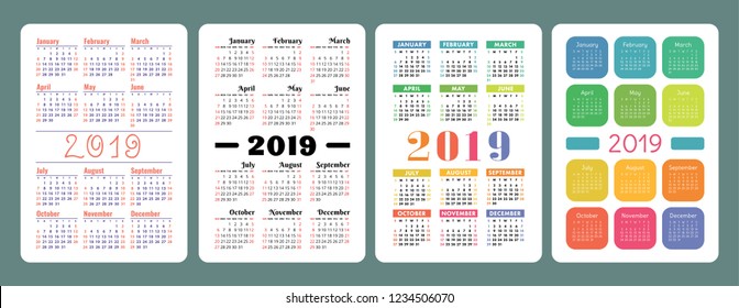 Calendar 2019. English colorful set. Week starts on Sunday. New Year. Basic grid