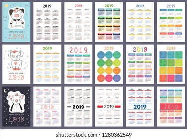 Calendar 2019. English colorful set. Week starts on Sunday. Pig. Cartoon piggy. Chinese horoscope. Happy New Year. Christmas card. Basic grid