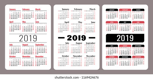 Calendar 2019. English vector calender set. Week starts on Sunday. Basic grid
