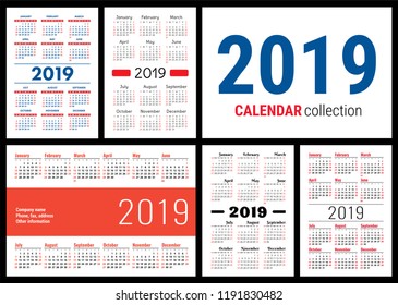 Calendar 2019. English vector template. Big collection of pocket calendars ready for printing. Calender set. Week starts on Sunday. Basic grid. New year banner. Simple design. Various types