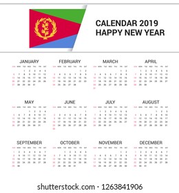Calendar 2019 Eritrea Flag background. English language