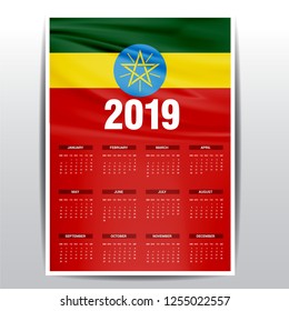 Calendar 2019 Ethiopia Flag background. English language