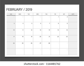Calendar 2019 February week start Sunday corporate design template vector.