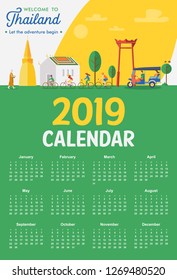 Calendar 2019, Flat design, Welcome to Thailand Banner, Vector Illustration