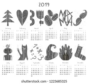 Calendar 2019 in flat style with hand drawn numbers. Monthly calendar with objects, animals, lettering. Vector illustration