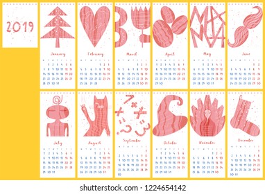 Calendar 2019 in flat style with hand drawn numbers. Monthly calendar with objects, animals, lettering. Vector illustration