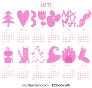Calendar 2019 in flat style with hand drawn numbers. Monthly calendar with objects, animals, lettering. Vector illustration