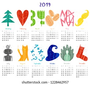 Calendar 2019 in flat style with hand drawn numbers. Monthly calendar with objects, animals, lettering. Vector illustration
