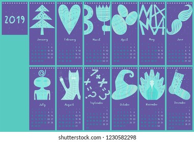 Calendar 2019 in flat style with hand drawn numbers. Monthly calendar with objects, animals, lettering. Vector illustration