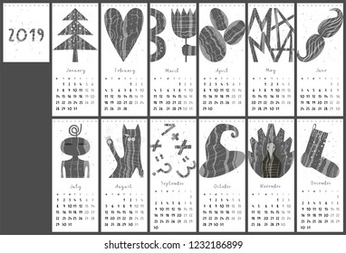 Calendar 2019 in flat style with hand drawn numbers. Monthly calendar with objects, animals, lettering. Vector illustration
