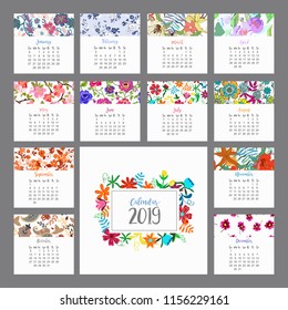 Calendario 2019. Calendario floral con flores coloridas. Ilustración del vector