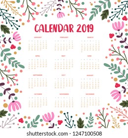 Calendar 2019. Floral calendar with colorful flowers. Vector illustration.