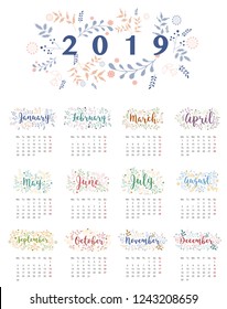 Calendar 2019, flower design with text