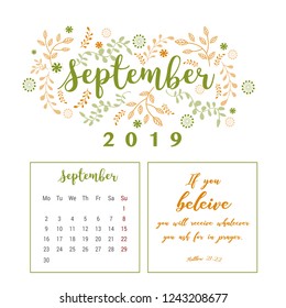 Calendar 2019, flower design with text
