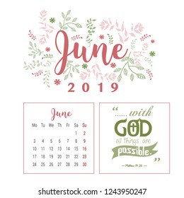 Calendar 2019, flower design with text