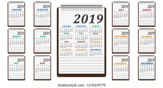 a calendar for 2019 in the form of a diary with different months.