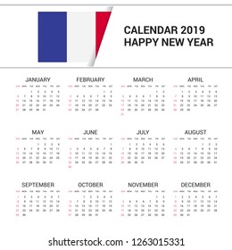 Calendar 2019 France Flag background. English language