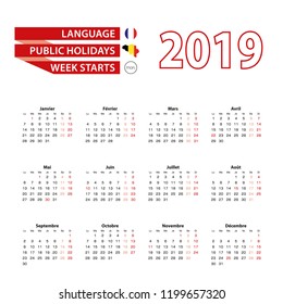 Calendar 2019 in French language with public holidays the country of Belgium in year 2019. Week starts from Monday. Vector Illustration.
