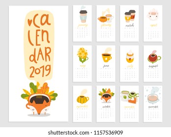 Calendar 2019. Fun, cozy and cute calendar with hand drawn cups, desserts and etc. Bright autumn colors green, yellow, orange, white. Stock vector