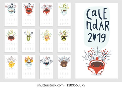 Calendar 2019. Fun, cozy and cute calendar with hand drawn cups, leaves and branches. Bright autumn colors green, yellow, orange, white. Stock vector