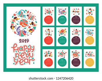 Calendar 2019. Funny animals in warm bright knitted sweaters. Dog breed Dachshund, cat and pig. Christmas composition in the form of a circle.