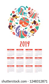 Calendar 2019. Funny animals in warm bright knitted sweaters. Dog breed Dachshund, cat and pig. Christmas composition in the form of a circle.