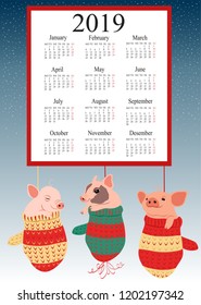 calendar for 2019. funny pigs in mittens
