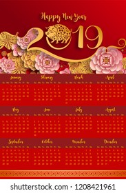  calendar 2019 with gold paper cut art and craft style on color Background.(Chinese Translation : Year of the pig)