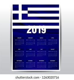 Calendar 2019 Greece Flag background. English language