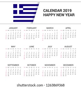 Calendar 2019 Greece Flag background. English language