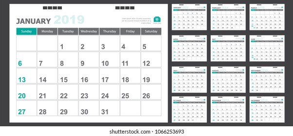 Calendar for 2019 green background