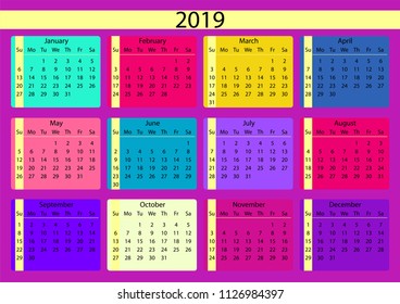 Calendar 2019. Calendar grid 2019 year. Colorful calendar. Pink, blue, yellow, purple colors. Sunday starts. Vector illustration EPS10.