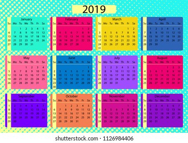 Calendar 2019. Calendar grid 2019 year. Colorful calendar, halftone background. Pink, blue, yellow, purple colors. Sunday starts. Vector illustration EPS10