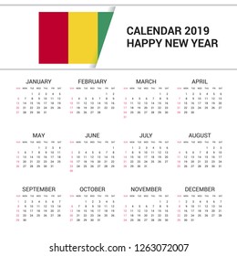 Calendar 2019 Guinea Flag background. English language
