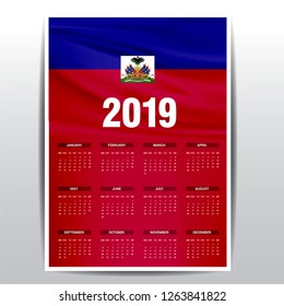 Calendar 2019 Haiti Flag background. English language