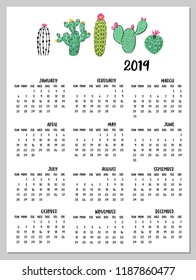 Calendar 2019 with hand drawn cactus plants