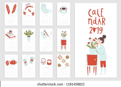 Calendar 2019 with hand drawn hygge elements. Cozy illustrations of girl, flowers, clothes ets. Stock vector. Red blue white