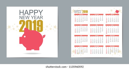 Calendar 2019, Happy New Year 2019, Vector Piggy on white background For New Year's Day Cards.