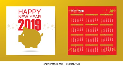 Calendar 2019, Happy New Year 2019, Vector Piggy on gold background For New Year's Day Cards.