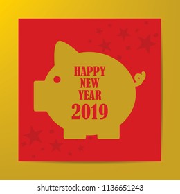 Calendar 2019, Happy New Year 2019, Vector Piggy on gold background For New Year's Day Cards.