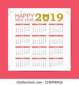 Calendar 2019, Happy New Year 2019, Vector Piggy on pink background For New Year's Day Cards.